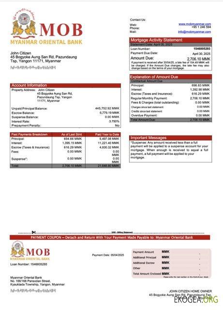 Modèle Word et PDF de relevé hypothécaire de la Myanmar Oriental Bank